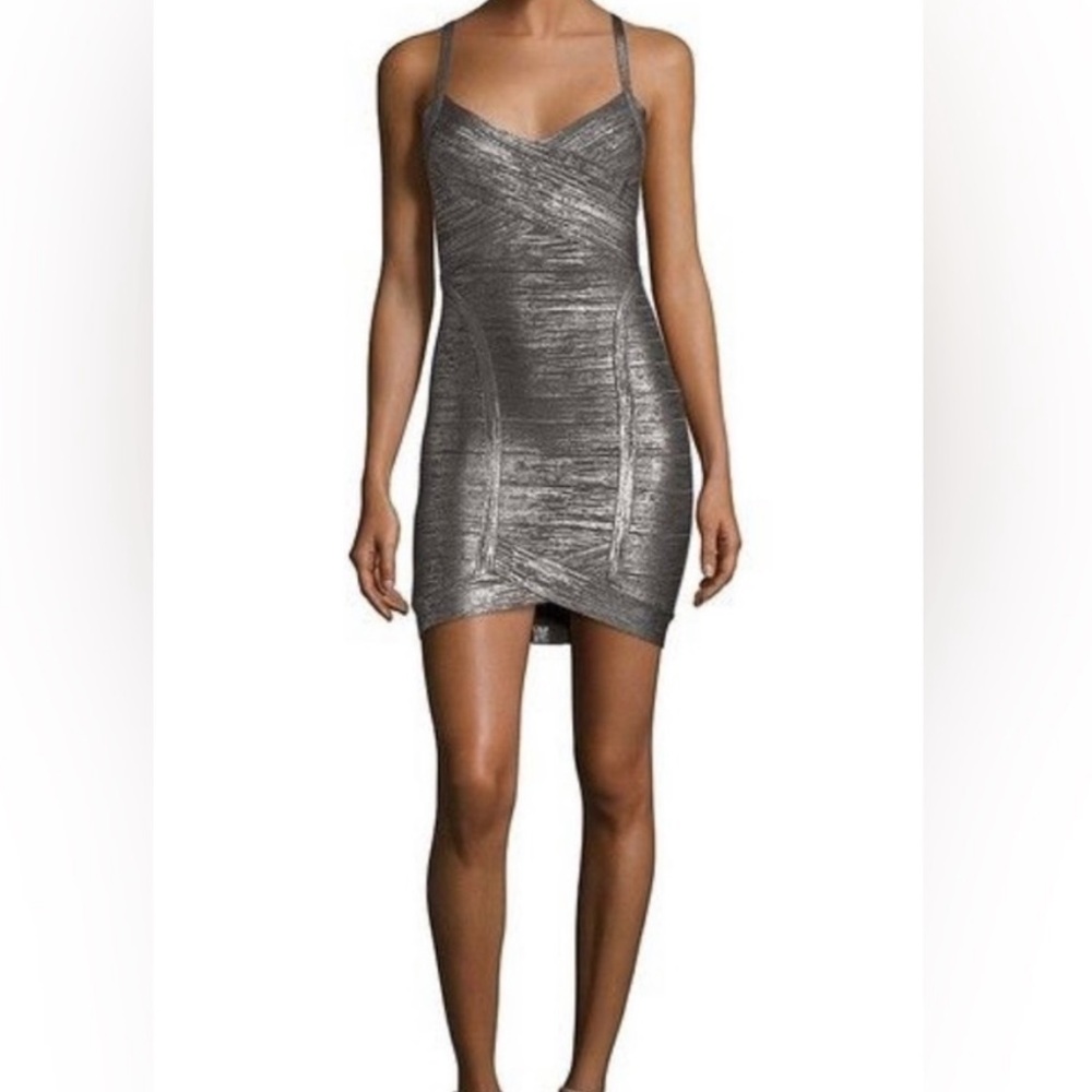 NEW Herve Leger Kourtney Woodgrain Foil Bandage Dress in Silver